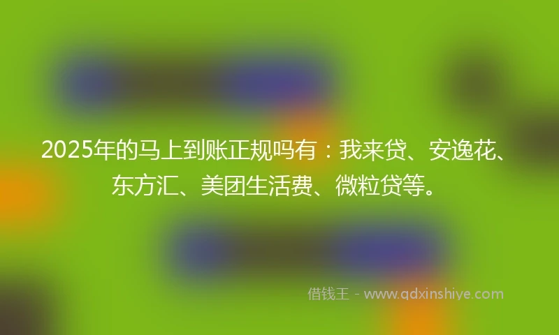 2025年的马上到账正规吗有：我来贷、安逸花、东方汇、美团生活费、微粒贷等。