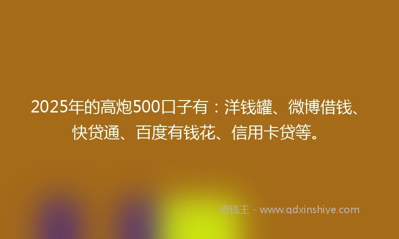 2025年的高炮500口子有：洋钱罐、微博借钱、快贷通、百度有钱花、信用卡贷等。