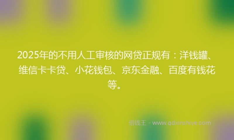 2025年的不用人工审核的网贷正规有:洋钱罐、维信卡卡贷、小花钱包、京东金融、百度有钱花等。