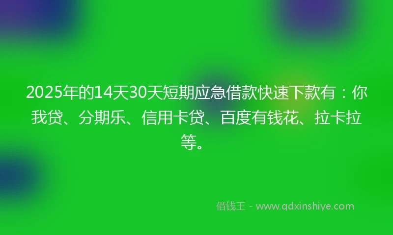 2025年的14天30天短期应急借款快速下款有：你我贷、分期乐、信用卡贷、百度有钱花、拉卡拉等。