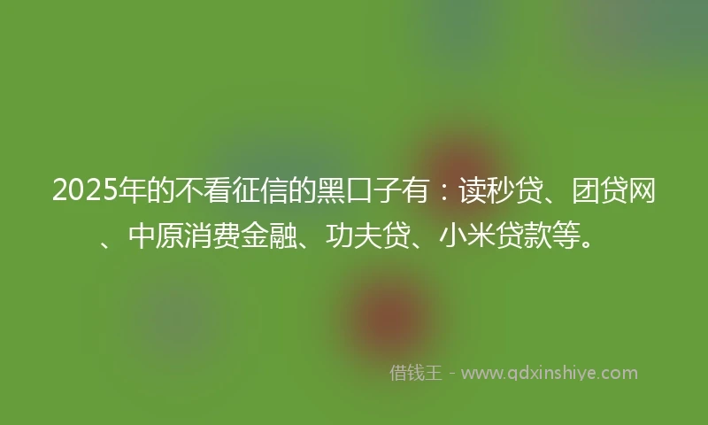 2025年的不看征信的黑口子有:读秒贷、团贷网、中原消费金融、功夫贷、小米贷款等。