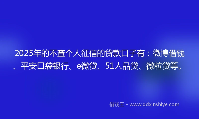 2025年的不查个人征信的贷款口子有：微博借钱、平安口袋银行、e微贷、51人品贷、微粒贷等。