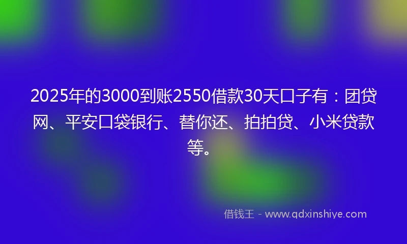 2025年的3000到账2550借款30天口子有:团贷网、平安口袋银行、替你还、拍拍贷、小米贷款等。