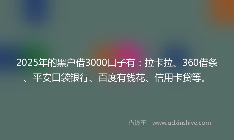 2025年的黑户借3000口子有：拉卡拉、360借条、平安口袋银行、百度有钱花、信用卡贷等。