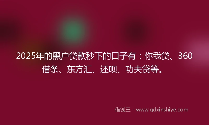 2025年的黑户贷款秒下的口子有：你我贷、360借条、东方汇、还呗、功夫贷等。