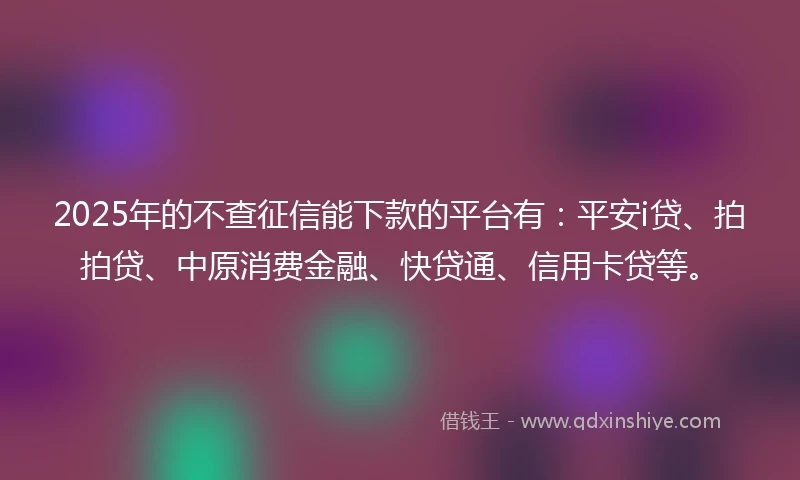 2025年的不查征信能下款的平台有：平安i贷、拍拍贷、中原消费金融、快贷通、信用卡贷等。