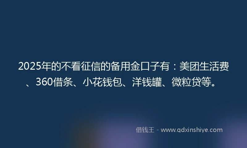 2025年的不看征信的备用金口子有：美团生活费、360借条、小花钱包、洋钱罐、微粒贷等。