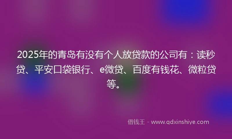 2025年的青岛有没有个人放贷款的公司有：读秒贷、平安口袋银行、e微贷、百度有钱花、微粒贷等。