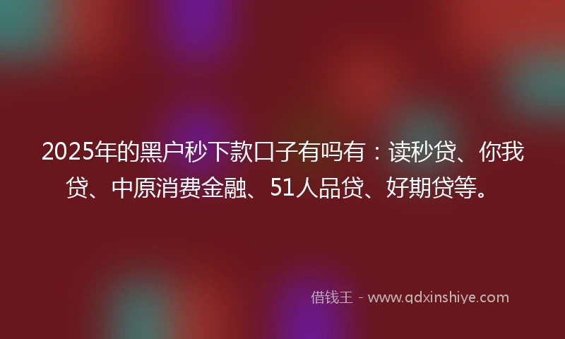 2025年的黑户秒下款口子有吗有:读秒贷、你我贷、中原消费金融、51人品贷、好期贷等。