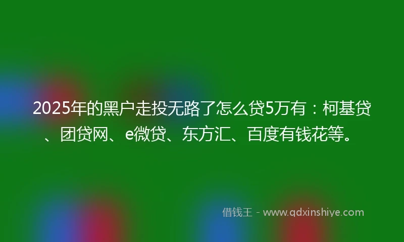 2025年的黑户走投无路了怎么贷5万有：柯基贷、团贷网、e微贷、东方汇、百度有钱花等。