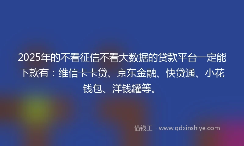 2025年的不看征信不看大数据的贷款平台一定能下款有：维信卡卡贷、京东金融、快贷通、小花钱包、洋钱罐等。