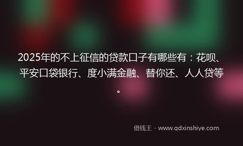 2025年的不上征信的贷款口子有哪些有：花呗、平安口袋银行、度小满金融、替你还、人人贷等。