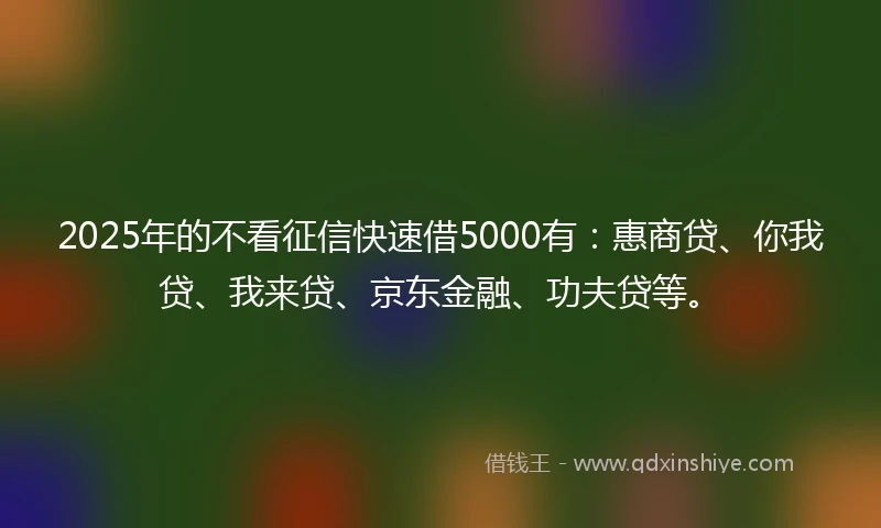 2025年的不看征信快速借5000有:惠商贷、你我贷、我来贷、京东金融、功夫贷等。