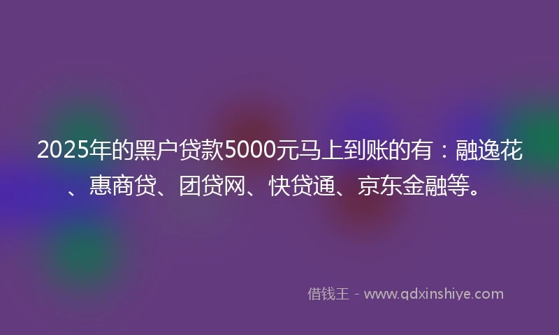 2025年的黑户贷款5000元马上到账的有：融逸花、惠商贷、团贷网、快贷通、京东金融等。