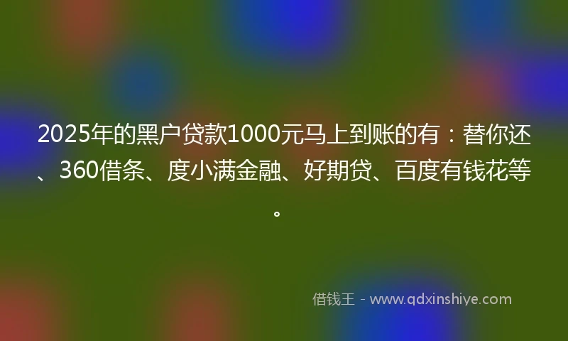 2025年的黑户贷款1000元马上到账的有：替你还、360借条、度小满金融、好期贷、百度有钱花等。