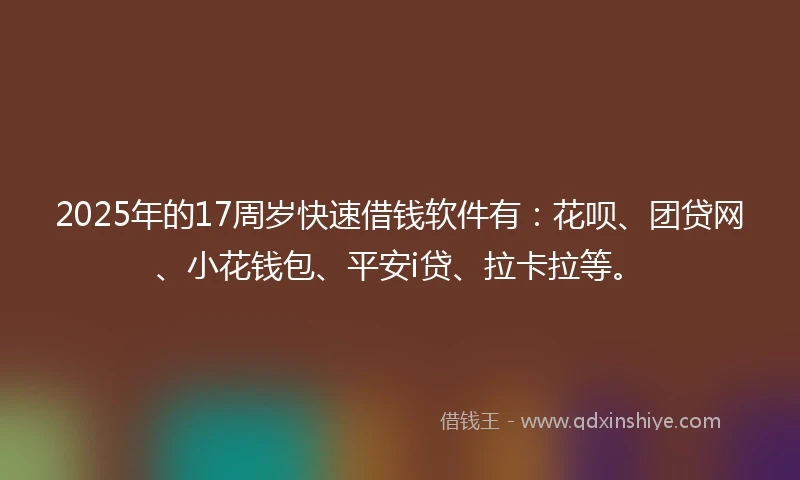 2025年的17周岁快速借钱软件有：花呗、团贷网、小花钱包、平安i贷、拉卡拉等。