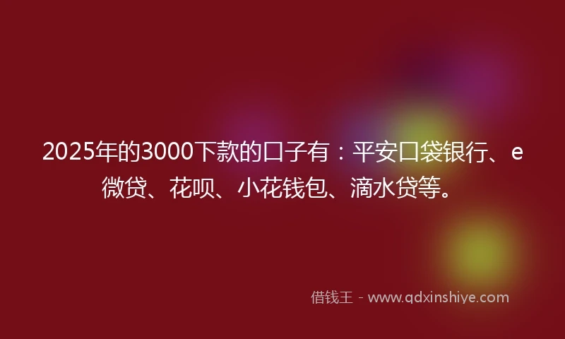 2025年的3000下款的口子有：平安口袋银行、e微贷、花呗、小花钱包、滴水贷等。