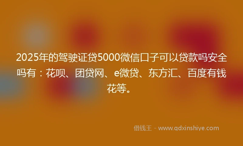 2025年的驾驶证贷5000微信口子可以贷款吗安全吗有：花呗、团贷网、e微贷、东方汇、百度有钱花等。