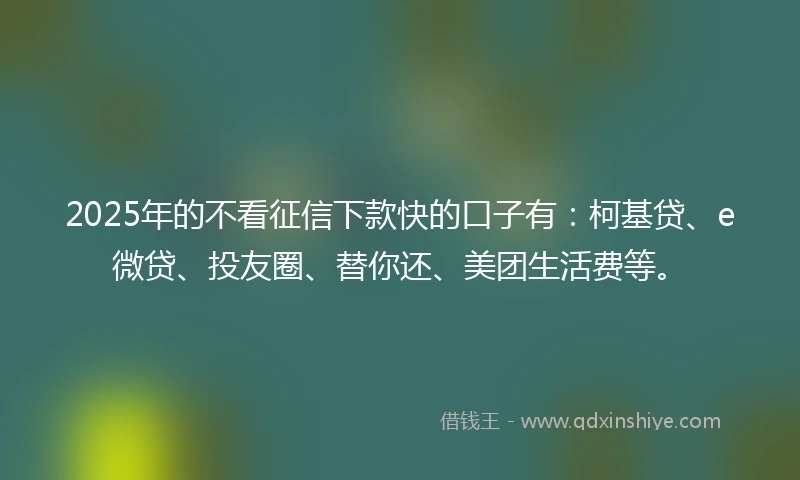 2025年的不看征信下款快的口子有：柯基贷、e微贷、投友圈、替你还、美团生活费等。