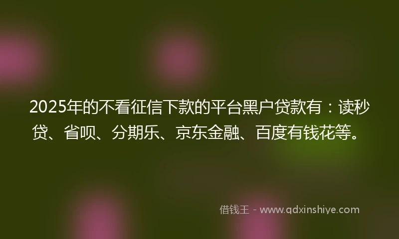 2025年的不看征信下款的平台黑户贷款有：读秒贷、省呗、分期乐、京东金融、百度有钱花等。