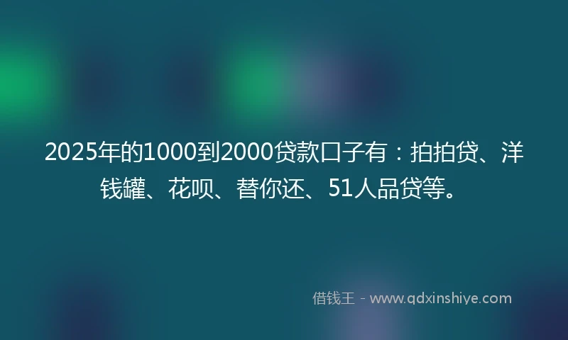2025年的1000到2000贷款口子有:拍拍贷、洋钱罐、花呗、替你还、51人品贷等。