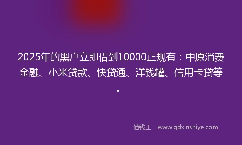2025年的黑户立即借到10000正规有：中原消费金融、小米贷款、快贷通、洋钱罐、信用卡贷等。