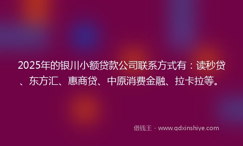 2025年的银川小额贷款公司联系方式有:读秒贷、东方汇、惠商贷、中原消费金融、拉卡拉等。