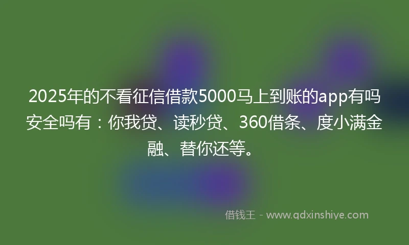 2025年的不看征信借款5000马上到账的app有吗安全吗有：你我贷、读秒贷、360借条、度小满金融、替你还等。