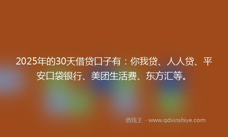 2025年的30天借贷口子有:你我贷、人人贷、平安口袋银行、美团生活费、东方汇等。