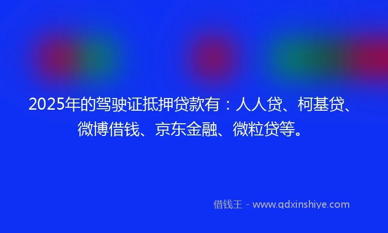 2025年的驾驶证抵押贷款有：人人贷、柯基贷、微博借钱、京东金融、微粒贷等。
