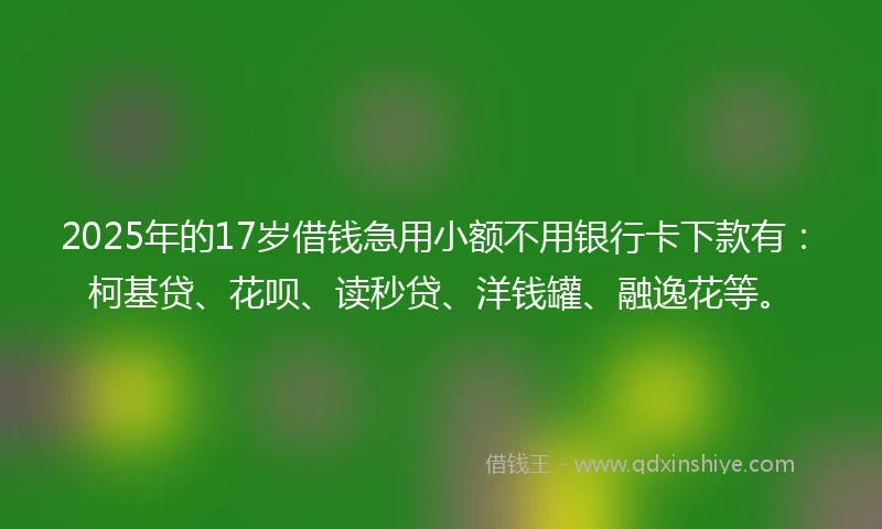 2025年的17岁借钱急用小额不用银行卡下款有：柯基贷、花呗、读秒贷、洋钱罐、融逸花等。