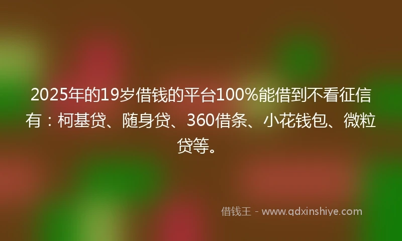 2025年的19岁借钱的平台100%能借到不看征信有：柯基贷、随身贷、360借条、小花钱包、微粒贷等。