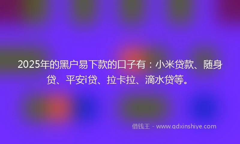 2025年的黑户易下款的口子有：小米贷款、随身贷、平安i贷、拉卡拉、滴水贷等。