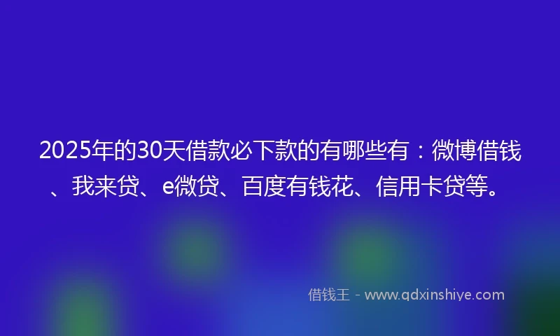 2025年的30天借款必下款的有哪些有：微博借钱、我来贷、e微贷、百度有钱花、信用卡贷等。