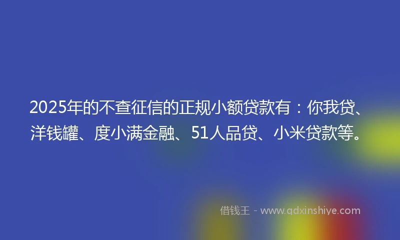 2025年的不查征信的正规小额贷款有：你我贷、洋钱罐、度小满金融、51人品贷、小米贷款等。