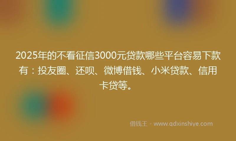2025年的不看征信3000元贷款哪些平台容易下款有：投友圈、还呗、微博借钱、小米贷款、信用卡贷等。
