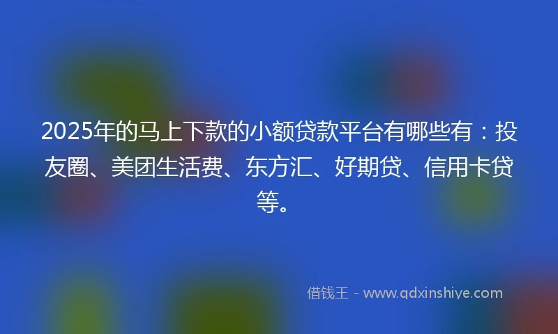 2025年的马上下款的小额贷款平台有哪些有：投友圈、美团生活费、东方汇、好期贷、信用卡贷等。