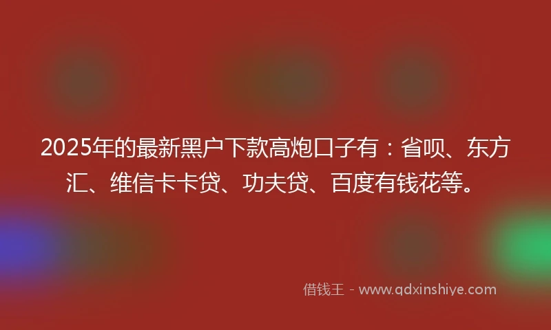 2025年的最新黑户下款高炮口子有:省呗、东方汇、维信卡卡贷、功夫贷、百度有钱花等。