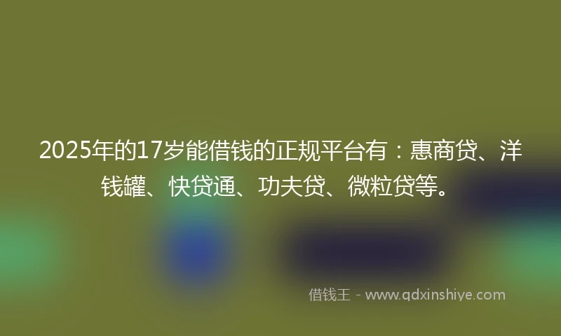 2025年的17岁能借钱的正规平台有：惠商贷、洋钱罐、快贷通、功夫贷、微粒贷等。