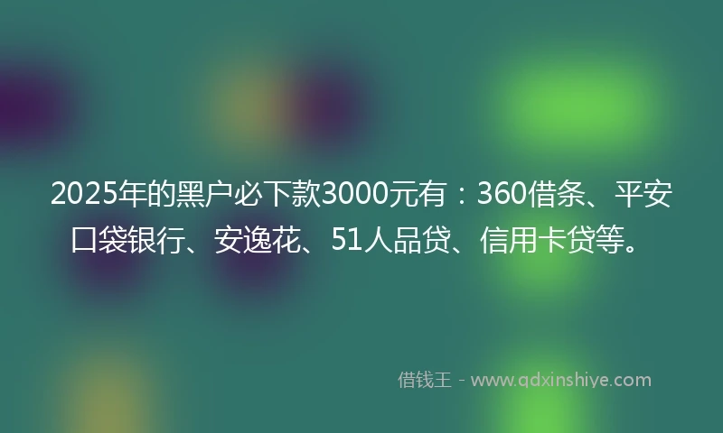2025年的黑户必下款3000元有:360借条、平安口袋银行、安逸花、51人品贷、信用卡贷等。