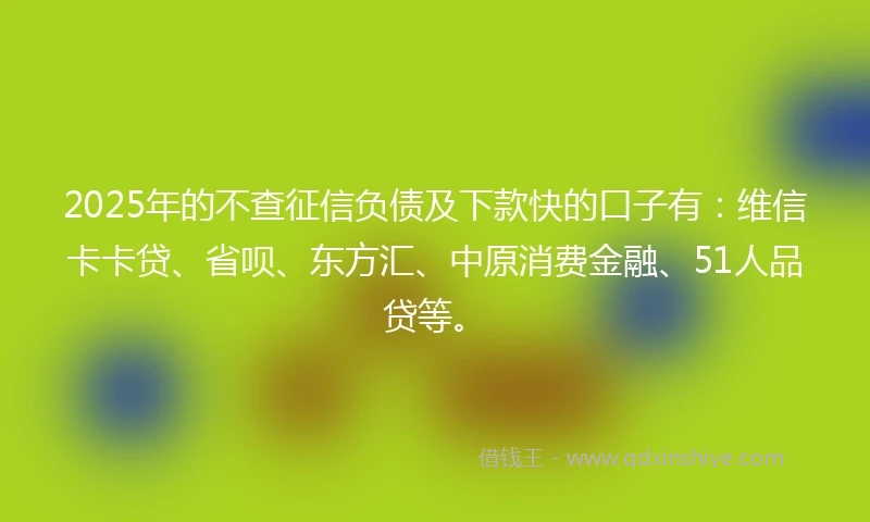 2025年的不查征信负债及下款快的口子有:维信卡卡贷、省呗、东方汇、中原消费金融、51人品贷等。