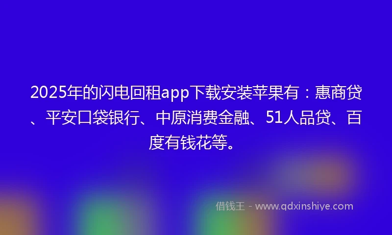 2025年的闪电回租app下载安装苹果有：惠商贷、平安口袋银行、中原消费金融、51人品贷、百度有钱花等。