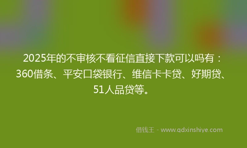 2025年的不审核不看征信直接下款可以吗有：360借条、平安口袋银行、维信卡卡贷、好期贷、51人品贷等。
