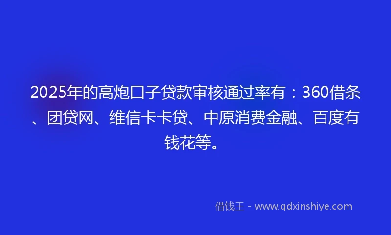2025年的高炮口子贷款审核通过率有：360借条、团贷网、维信卡卡贷、中原消费金融、百度有钱花等。