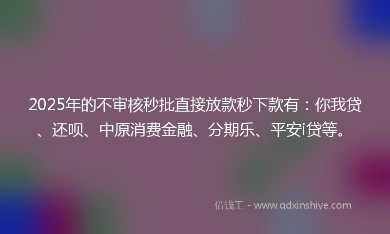 2025年的不审核秒批直接放款秒下款有：你我贷、还呗、中原消费金融、分期乐、平安i贷等。