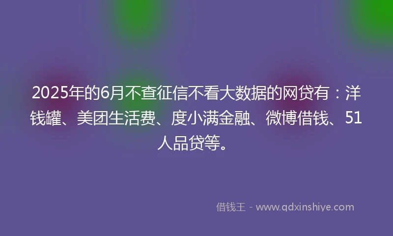 2025年的6月不查征信不看大数据的网贷有：洋钱罐、美团生活费、度小满金融、微博借钱、51人品贷等。