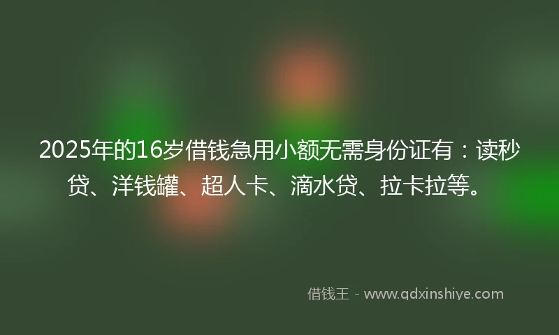 2025年的16岁借钱急用小额无需身份证有：读秒贷、洋钱罐、超人卡、滴水贷、拉卡拉等。