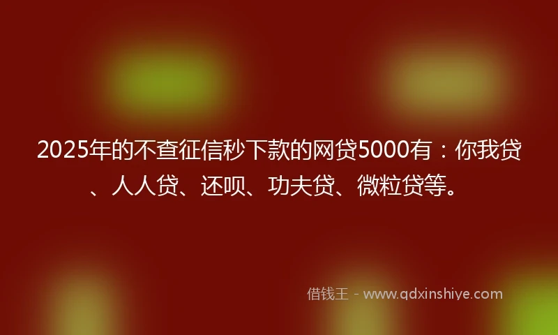 2025年的不查征信秒下款的网贷5000有：你我贷、人人贷、还呗、功夫贷、微粒贷等。