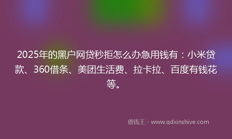 2025年的黑户网贷秒拒怎么办急用钱有：小米贷款、360借条、美团生活费、拉卡拉、百度有钱花等。