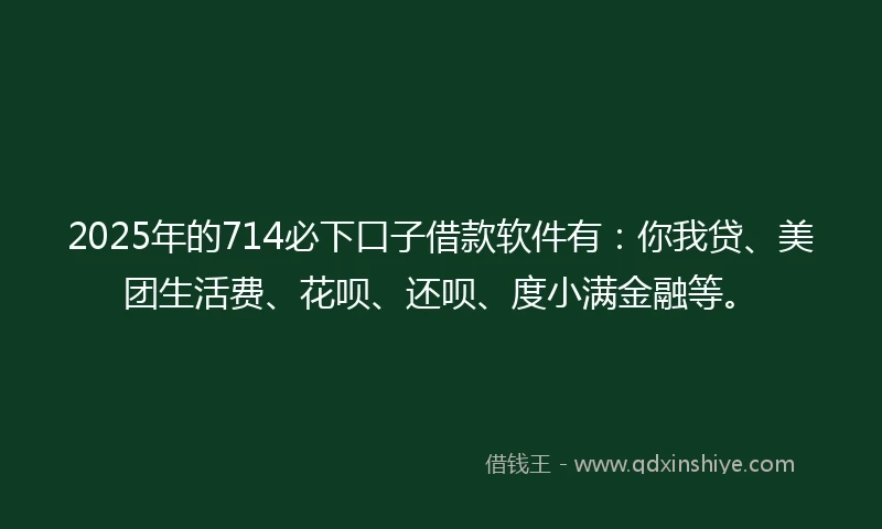 2025年的714必下口子借款软件有：你我贷、美团生活费、花呗、还呗、度小满金融等。